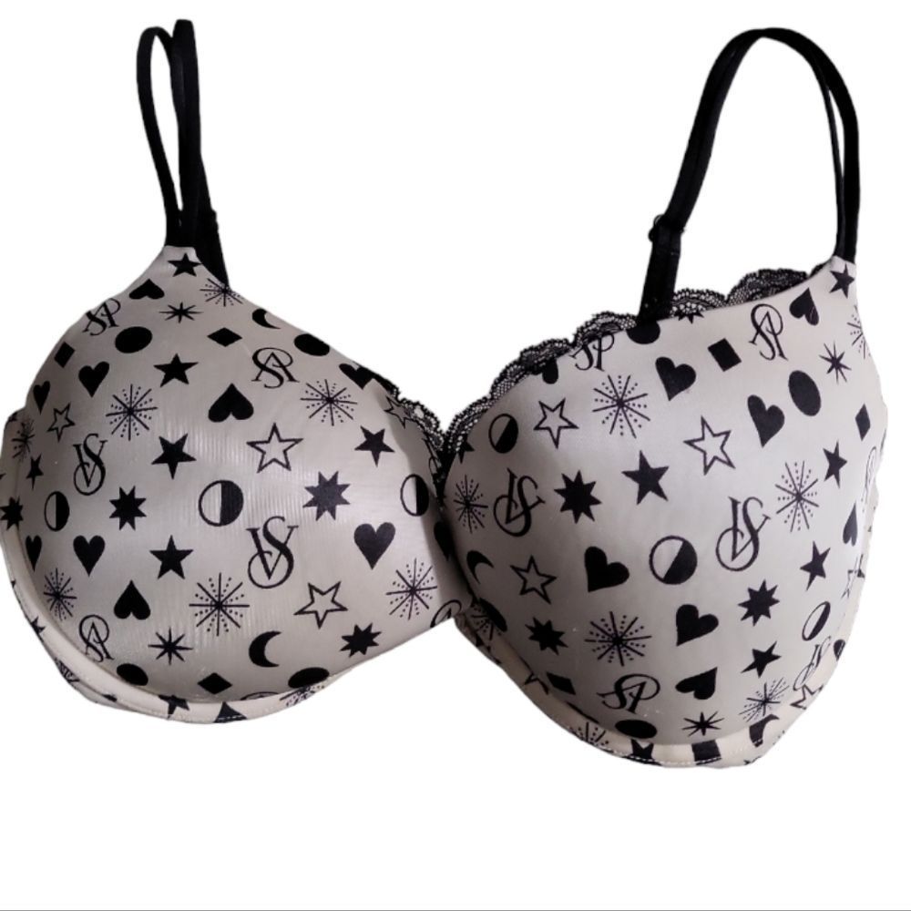 VICTORIA'S SECRET Grey/Black Shapes VS Logo "Very Sexy Push‎ Up" Underwire 34DD